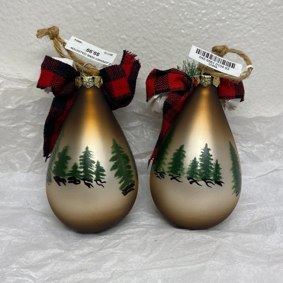 Brown Glass Teardrop Christmas Ornaments W Moose N Trees Design Set of 2 NWT - Picture 7 of 16